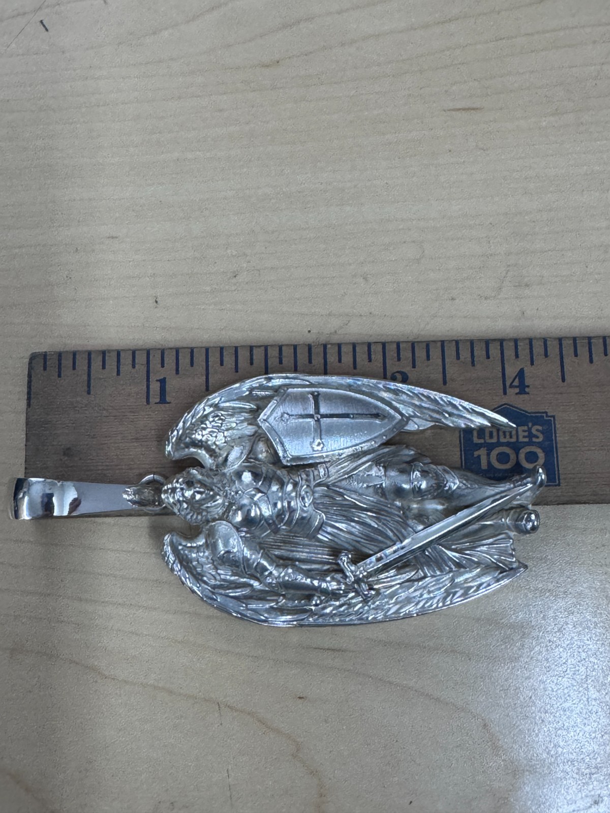 Saint Michael Warrior Angel 4″ Large Heavy Charm Pendant 108.5gm Silver .925