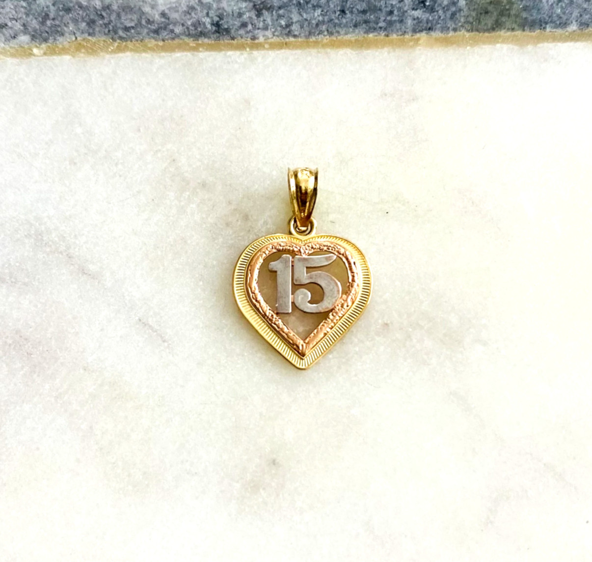 14K Solid Gold Quinceañera Heart Pendant, Small 14K 3C Gold Sweet 15 Charm-PT369