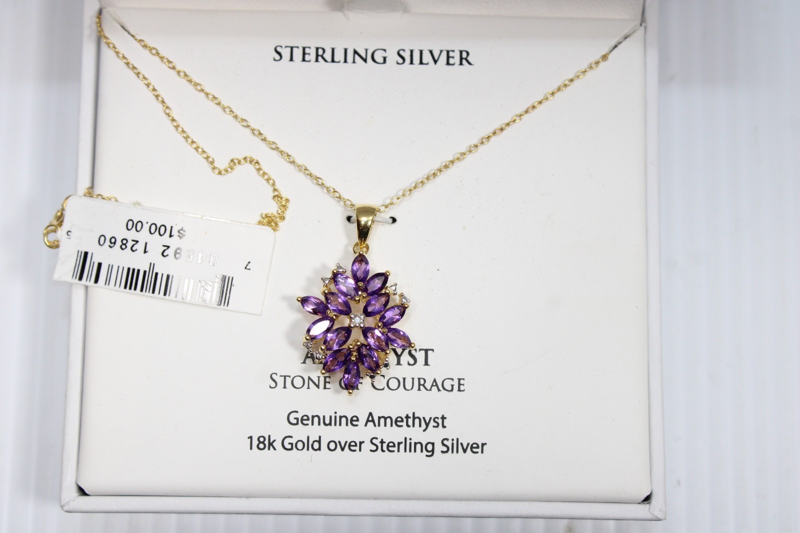 New 18K Gold Cluster Amethyst Diamond Necklace Modern NWT Tear Drop 18″ #121
