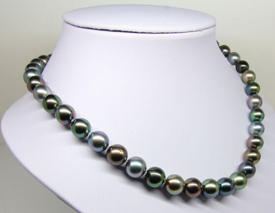 18″9-10MM NATURAL SOUTH SEA GENUINE BLACK MULTICOLOR ROUND PEARL NECKLACE