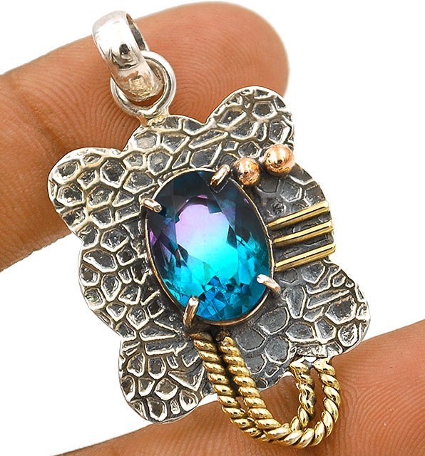 8CT Natural Three Tone Tourmaline Quartz 925 Sterling Silver Pendant