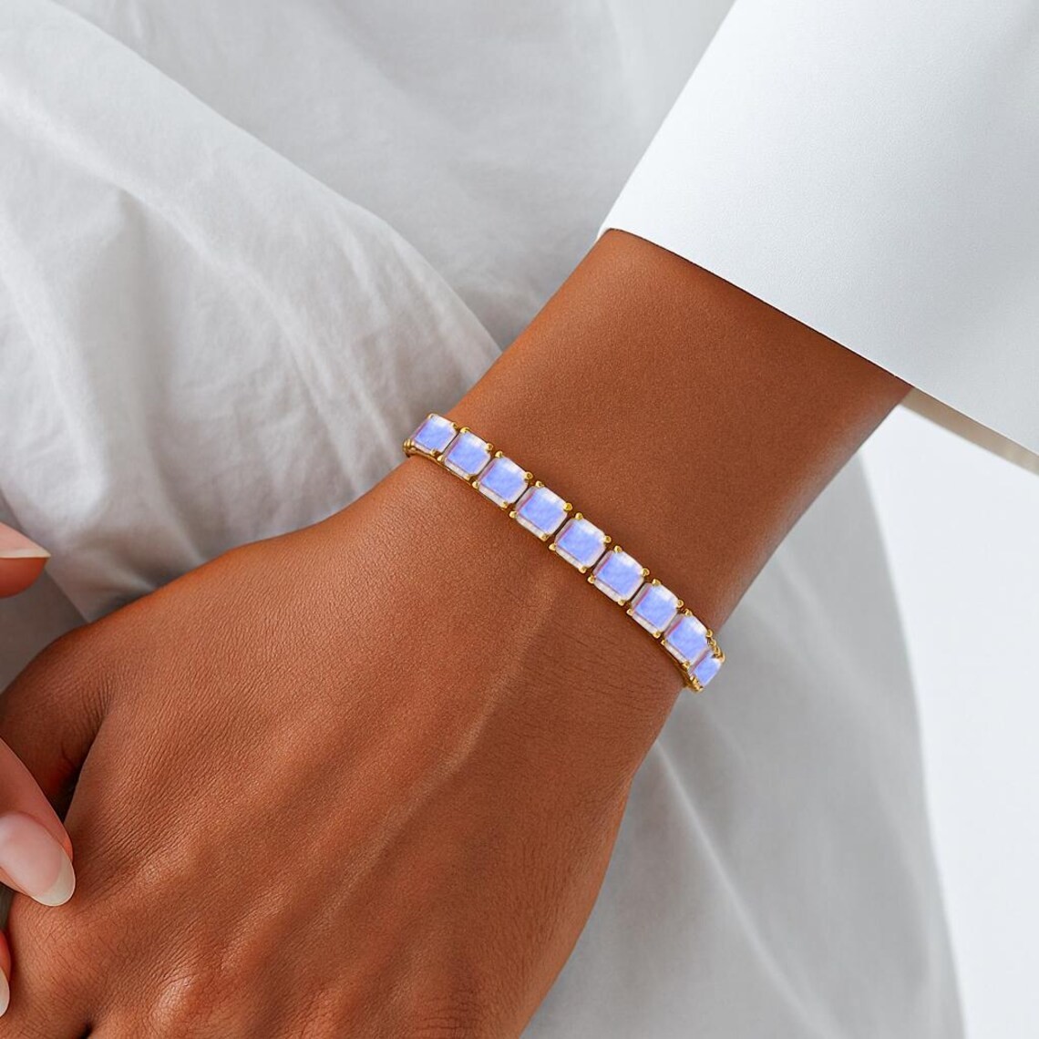 White Rainbow moonstone tennis bracelet October bracelet jewelry 18k solid gold