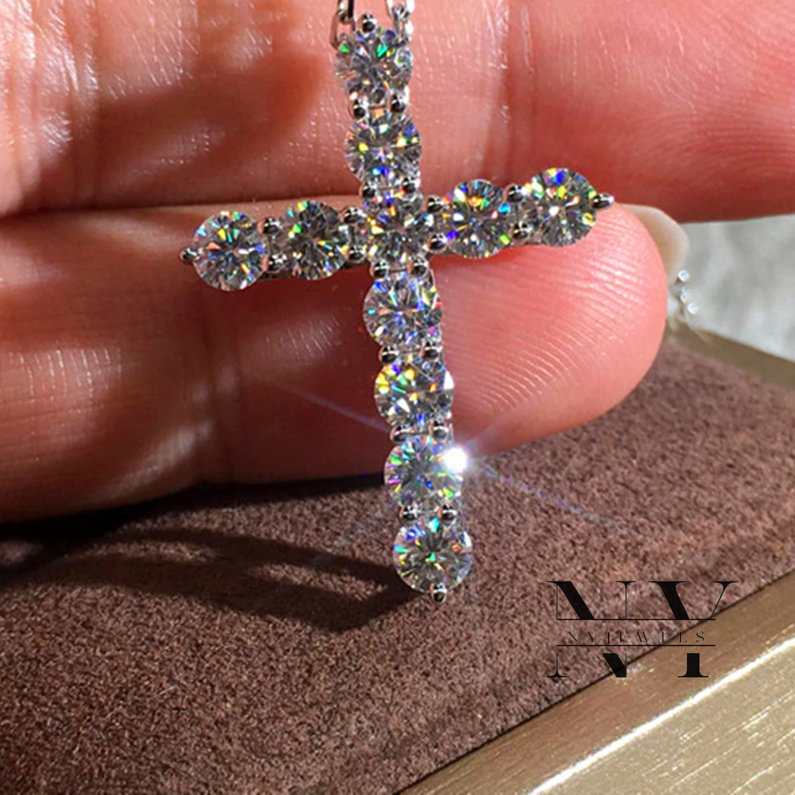 3 CT Round Brilliant Cut Moissanite Cross Wedding Pendant Solid 14K White Gold