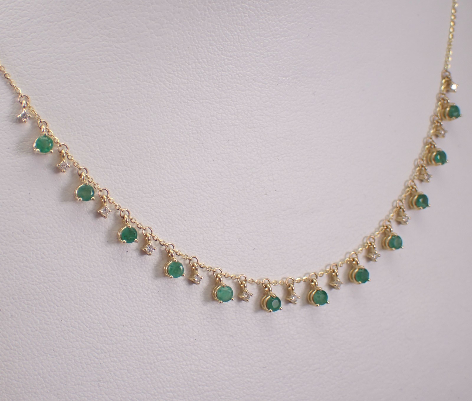 14K Yellow Gold Emerald Necklace – Diamond Dangle Station Pendant Chain