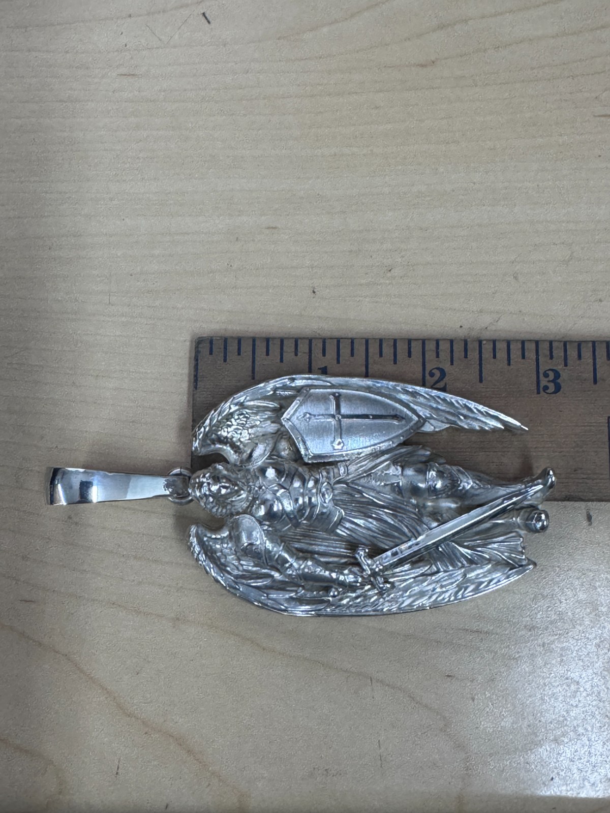 Saint Michael Warrior Angel 4″ Large Heavy Charm Pendant 108.5gm Silver .925