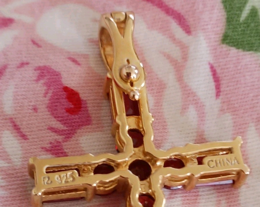 🌸JTV, VERMELLO GARNET, “ENHANCER”, CROSS, DESIGNER, FANCY “R” 18K OVER STERLING