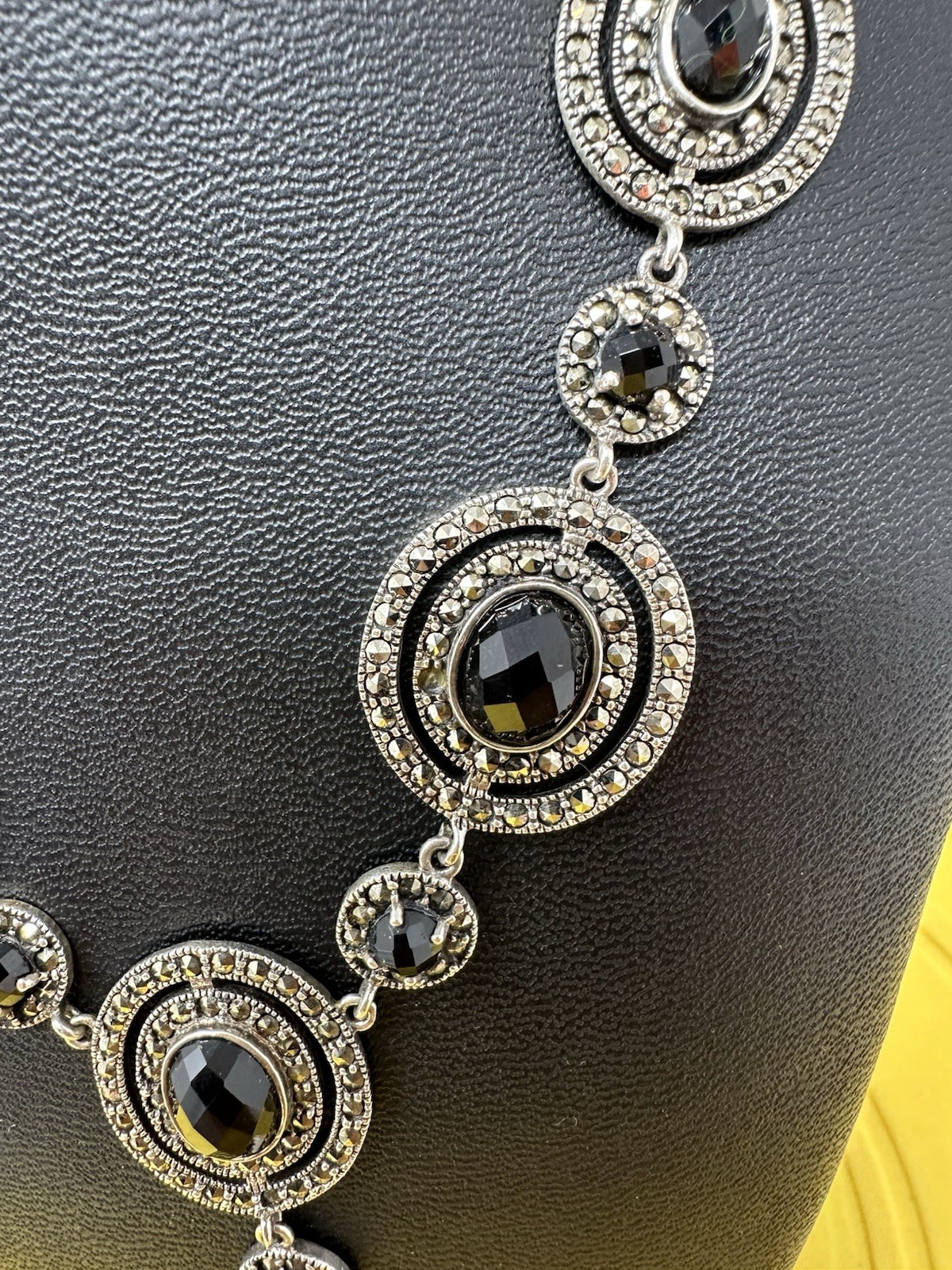 Sterling Silver Onyx & Marcasite Y-Drop Choker Necklace Modern Elegant 47g 17”+