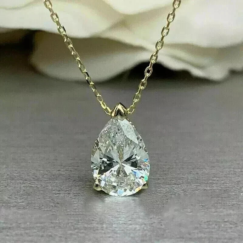 2.00Ct Pear Cut Real Moissanite Solitaire Pendant Free Chain 14K Gold Plated