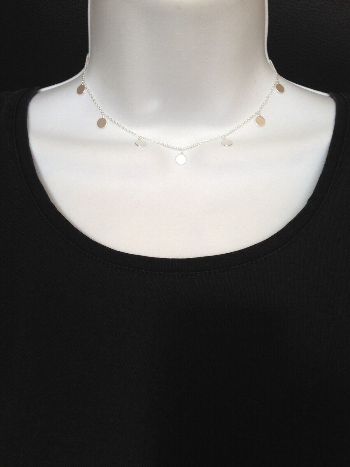 Plain Silver Disc Charm Station Choker Necklace 925 Sterling Silver 5.5mm 15.75″