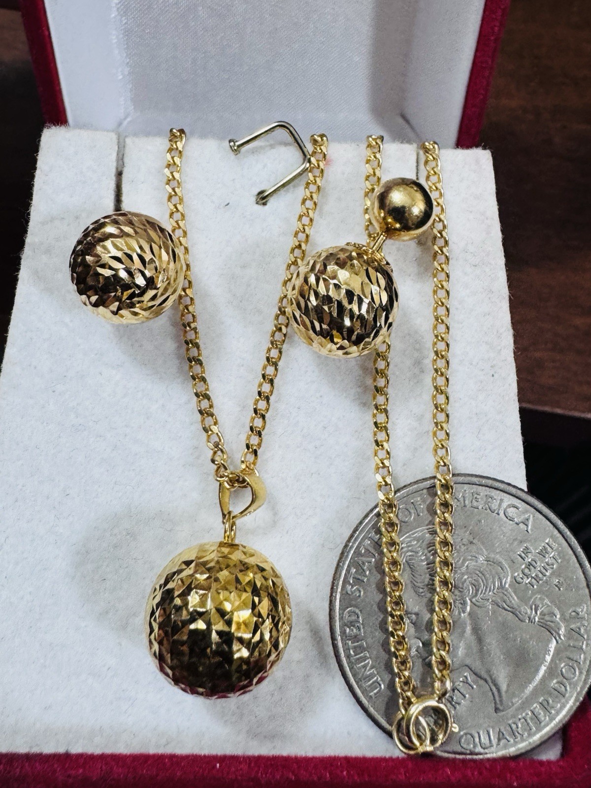 18K 750 Real Fine Gold Women’s Balls Earring & Necklace 23.5/24” long 10.4g 2mm