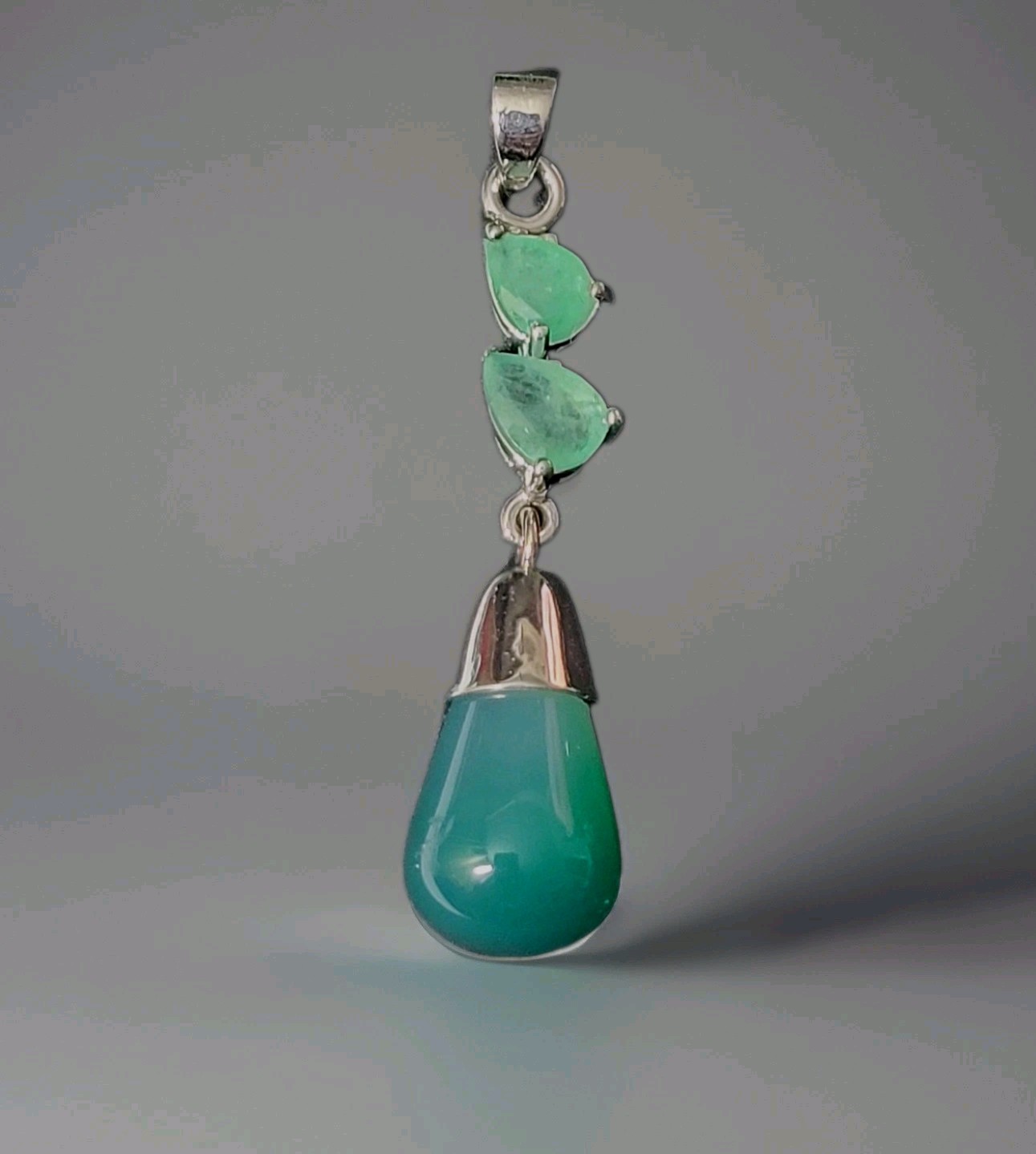 Green Agate & Emerald Dangle 925 Sterling Silver Necklace Jewelry Pendant 1171