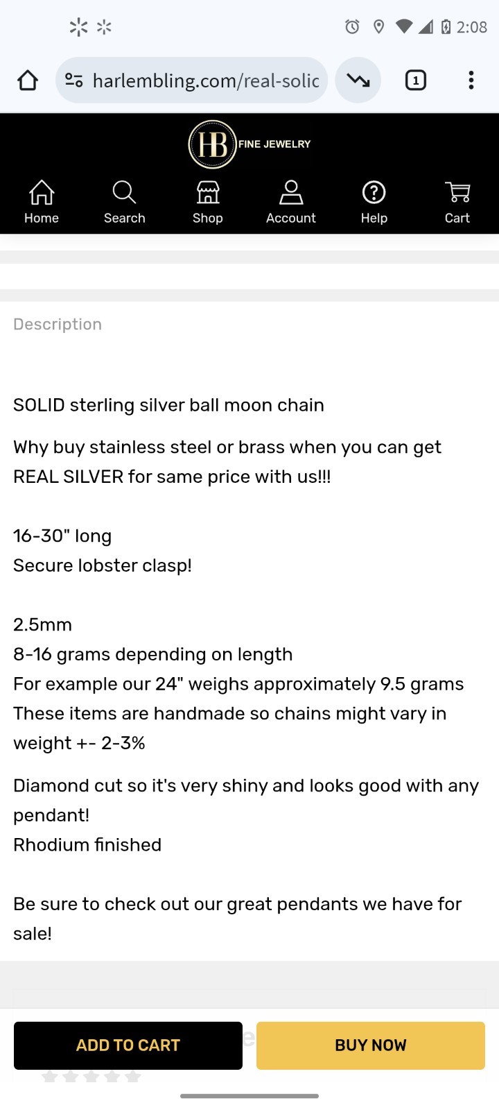Silver Necklace 22″ 2.5mm Ball Moon Chain Harlem Bling