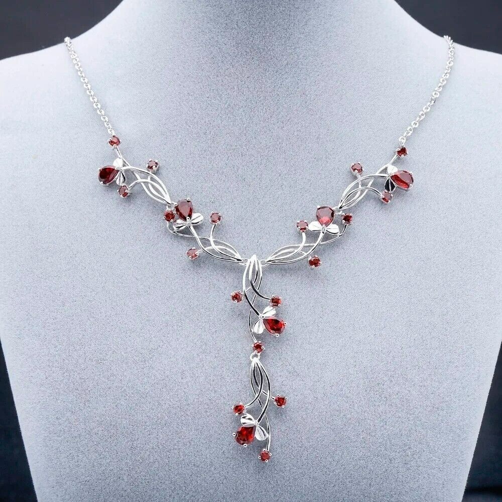 Natural Red Garnet 925 Sterling Silver Handmade Vintage Bridal Wedding Necklace