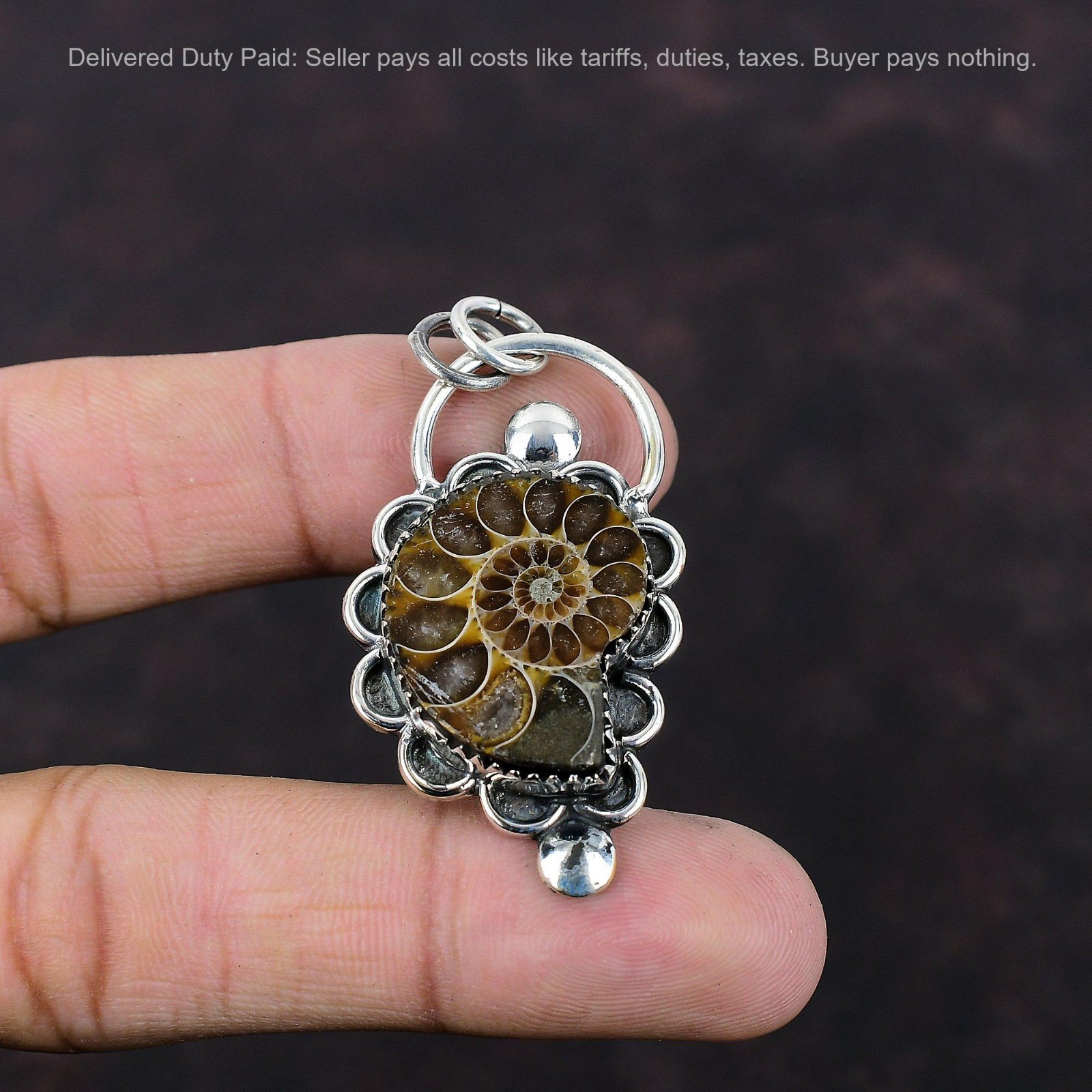 925 Silver Natural Ammonite Fossil Mother Anniversary Elegant Unique New Pendant