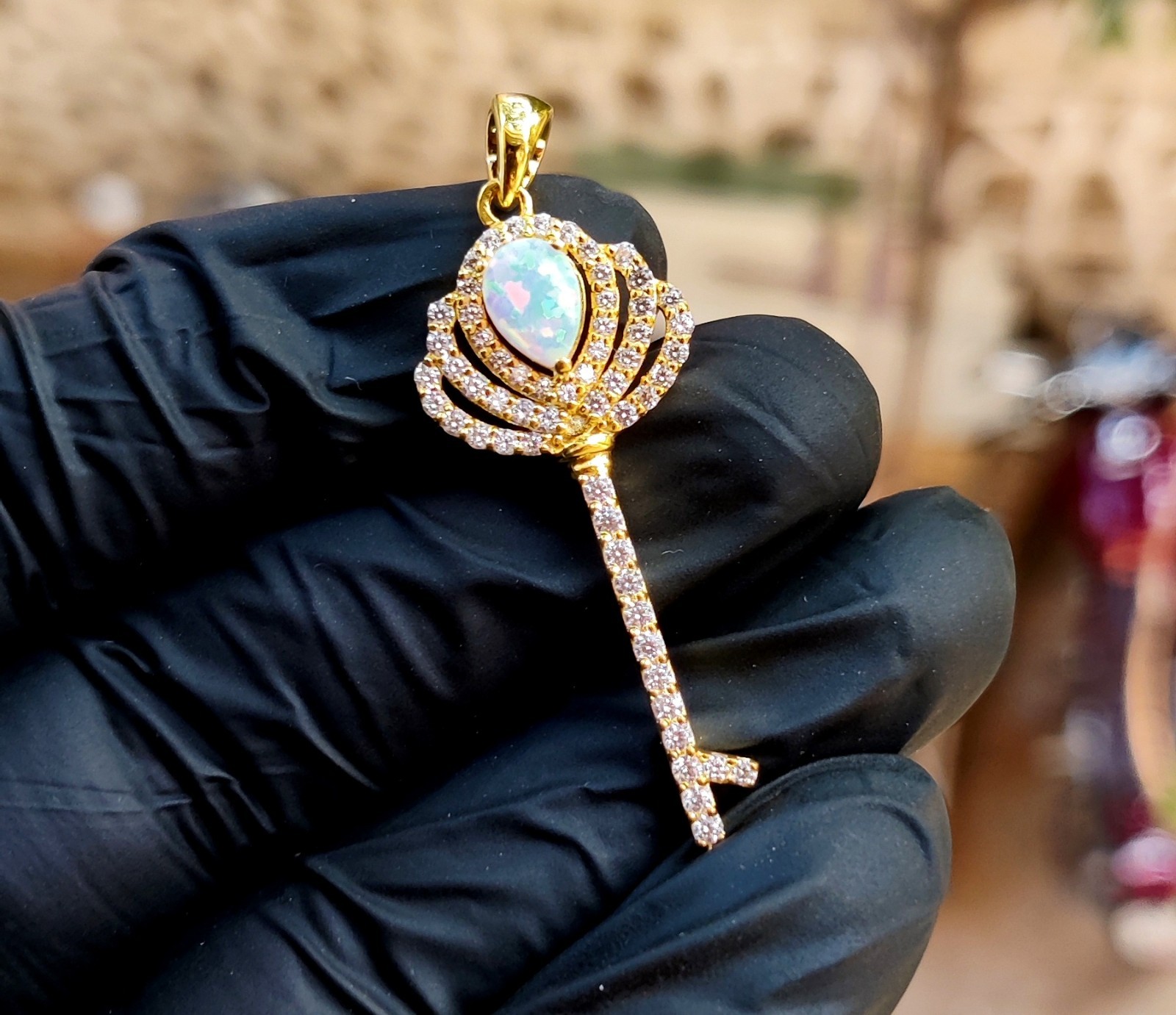 2Ct Pear Cut Lab Created Fire Opal Key Pendant 14K Yellow Gold Plated 925 Silver