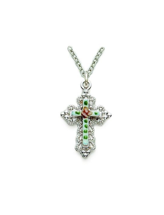 Ladies Sterling Silver Rose Filigree Cross Christian Pendant Necklace