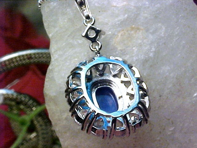 Genuine Blue Star Sapphire Pendant 8x6mm & White Topaz 925 SS White Gold Finish