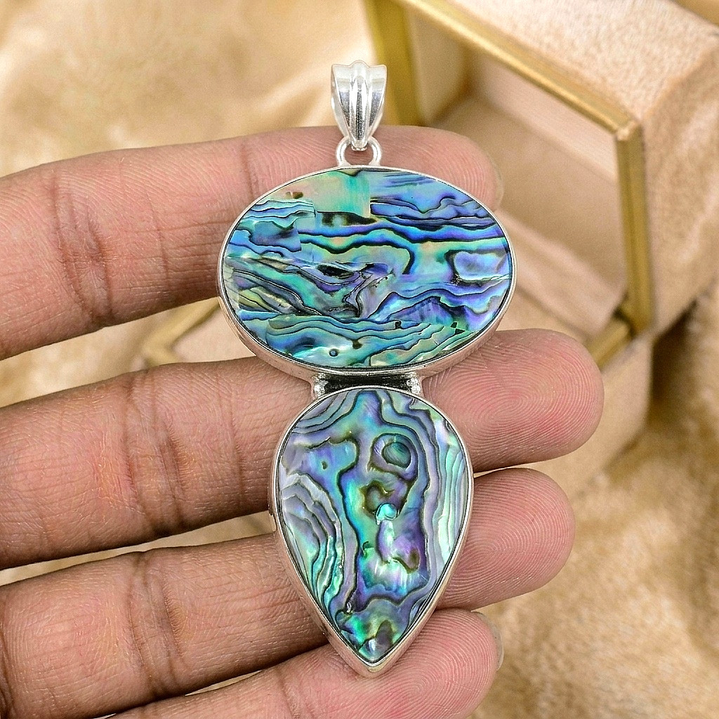 Silver Abalone Shell Gemstone Pendant 925 Sterling Silver Jewelry Pendant