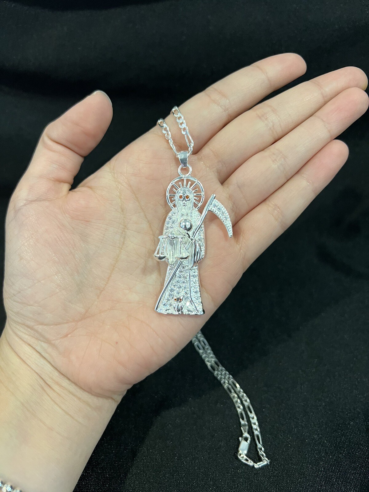 925 Sterling Silver Men CZ Santa Muerte Grim Reaper & Figaro Chain 20 24 30