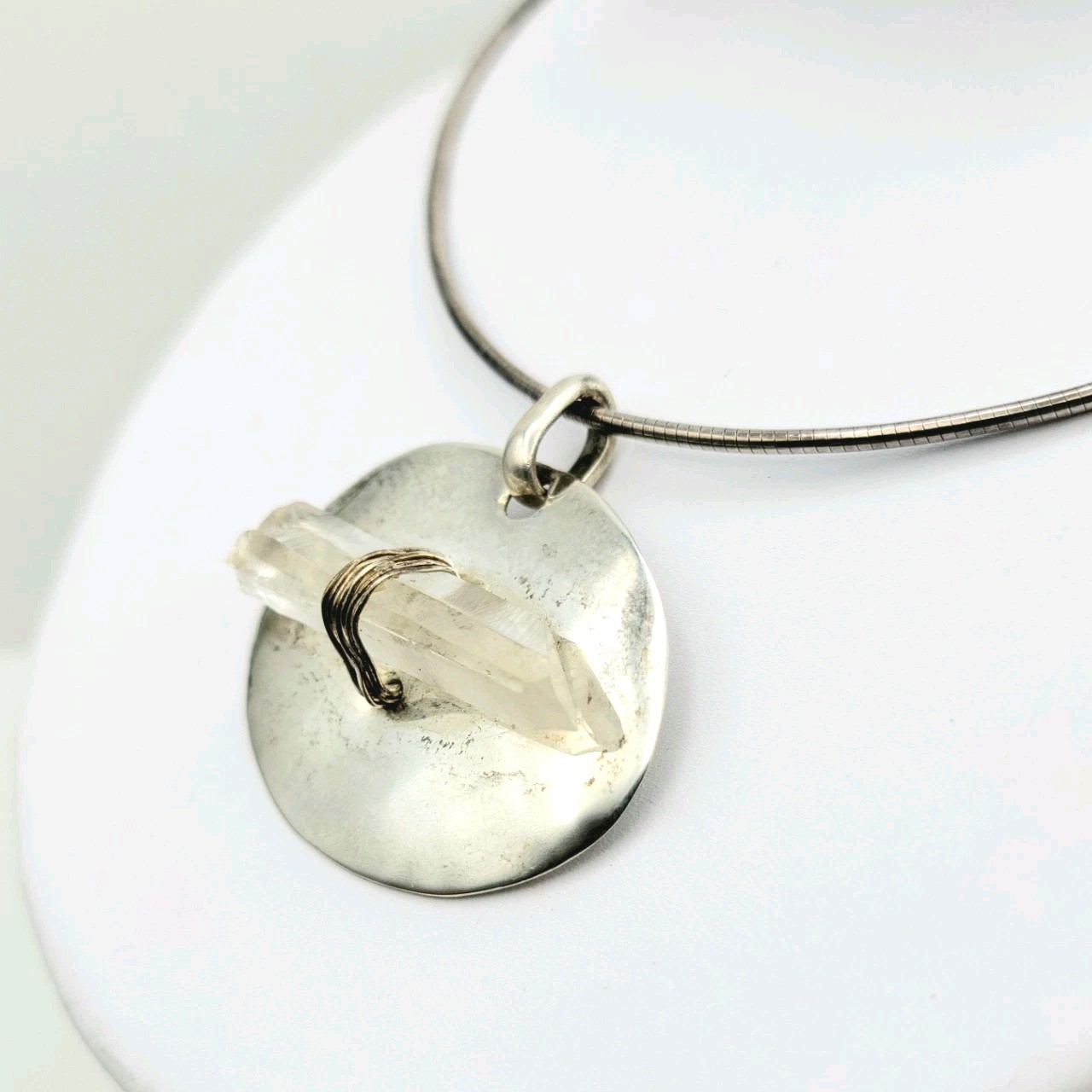 Sterling Silver Clear Crystal Quartz On Oval Silver Base Snake Chain 23gr Italy