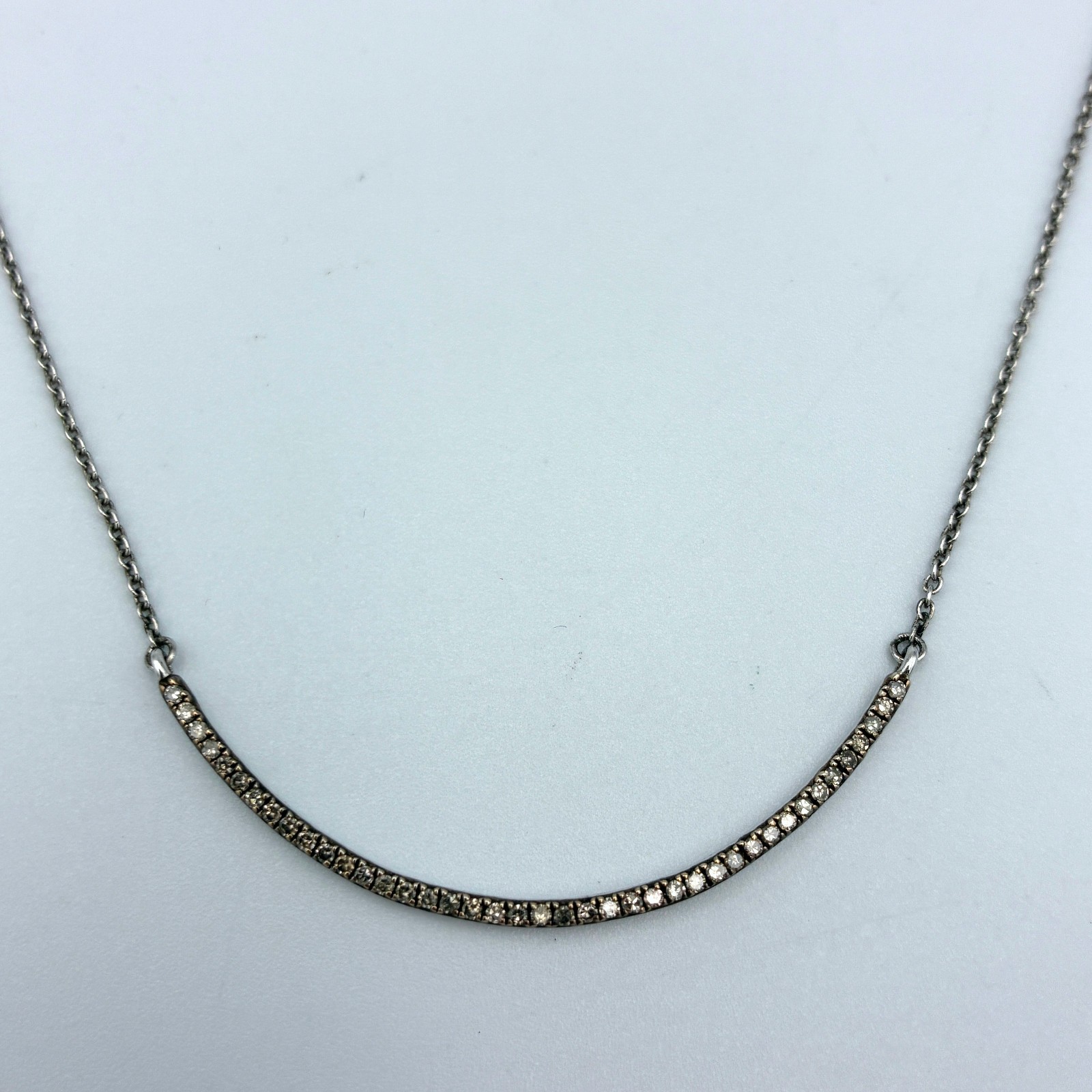 BSI Sterling Silver Natural Diamond Curved Bar Smile Pave Necklace Minimalist