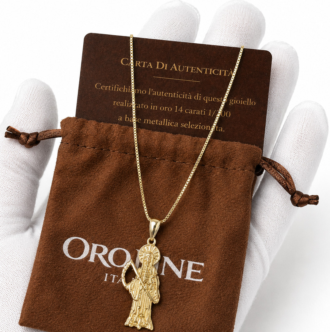 Italian 1/200 14k Yellow Gold Oro Santa Muerte Pendant Colgante Hombres Mujeres