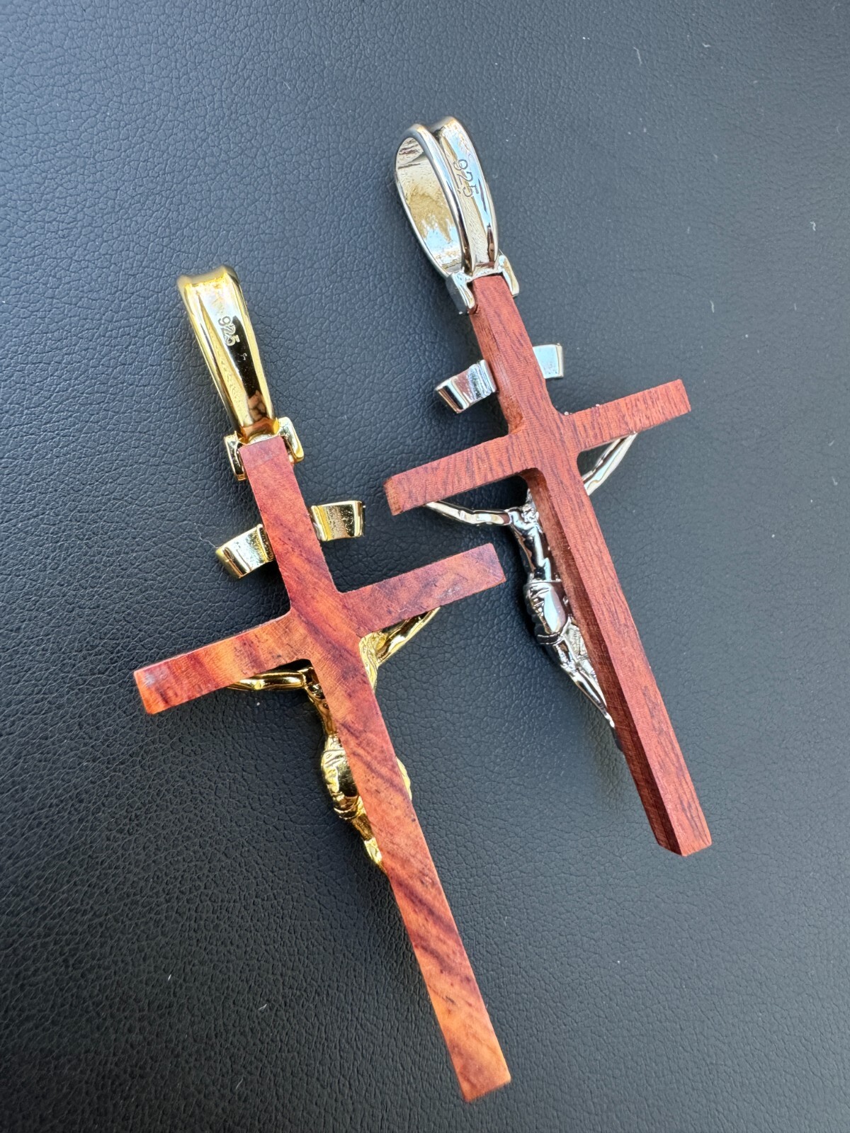 Mens Real 925 Silver & Red Cherry Walnut Wood Jesus On Cross Pendant Necklace 2″