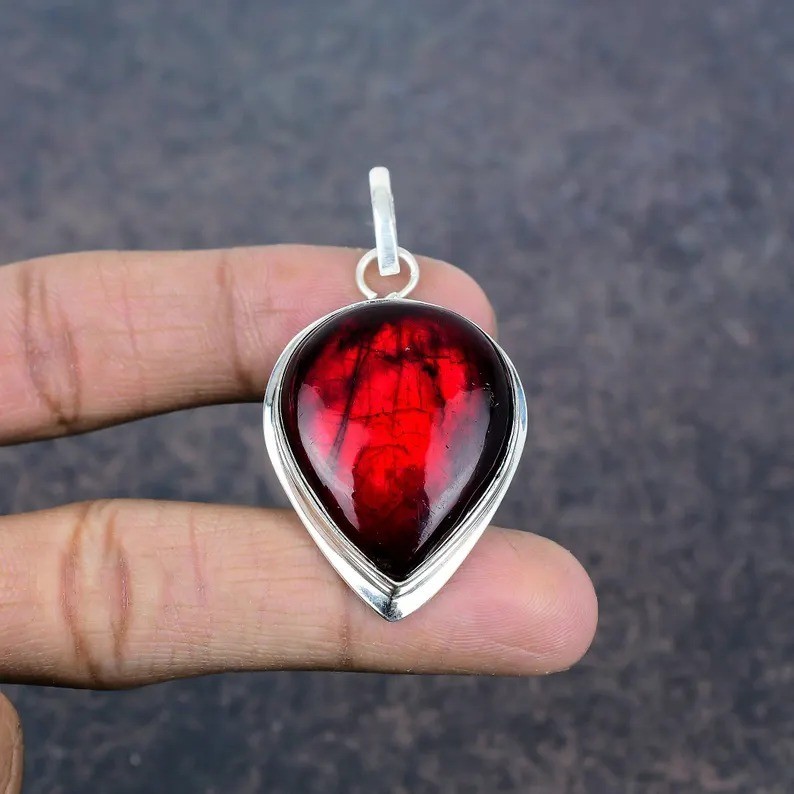 Red Labradorite Pear Gemstone Pendant 925 Sterling Silver Handmade Jewelry