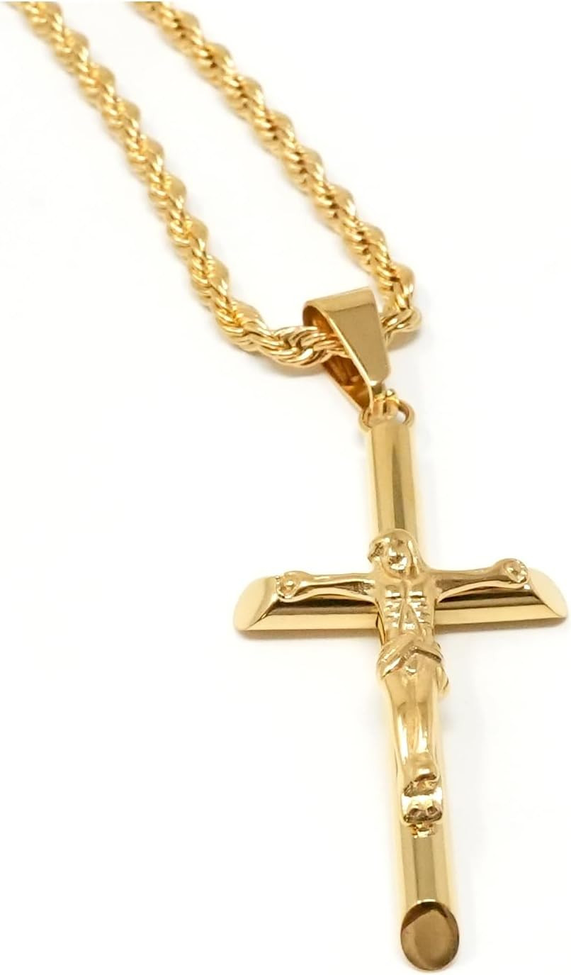 14K Gold Rope Chain Crucifix Style Cross Pendant Necklace for Men Husband 20″