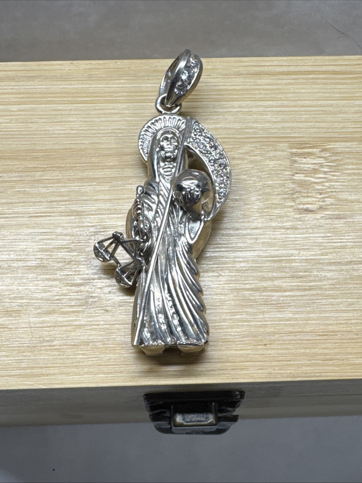 Sterling Silver Grim Reaper pendant Dije de la Santa Muerte Plata REAL 925 Cz