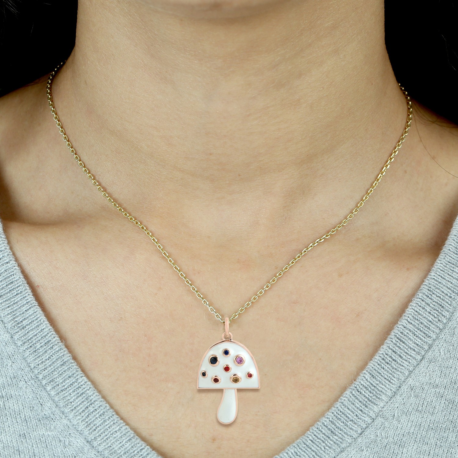 14k Rose Gold Multicolor Sapphire Mushroom Pendant Handmade Birthday Gift