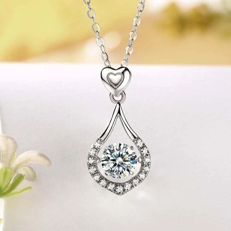 1Ct Lab Created Diamond Dancing Stone Tear Drop Necklace 14k White Gold Plated