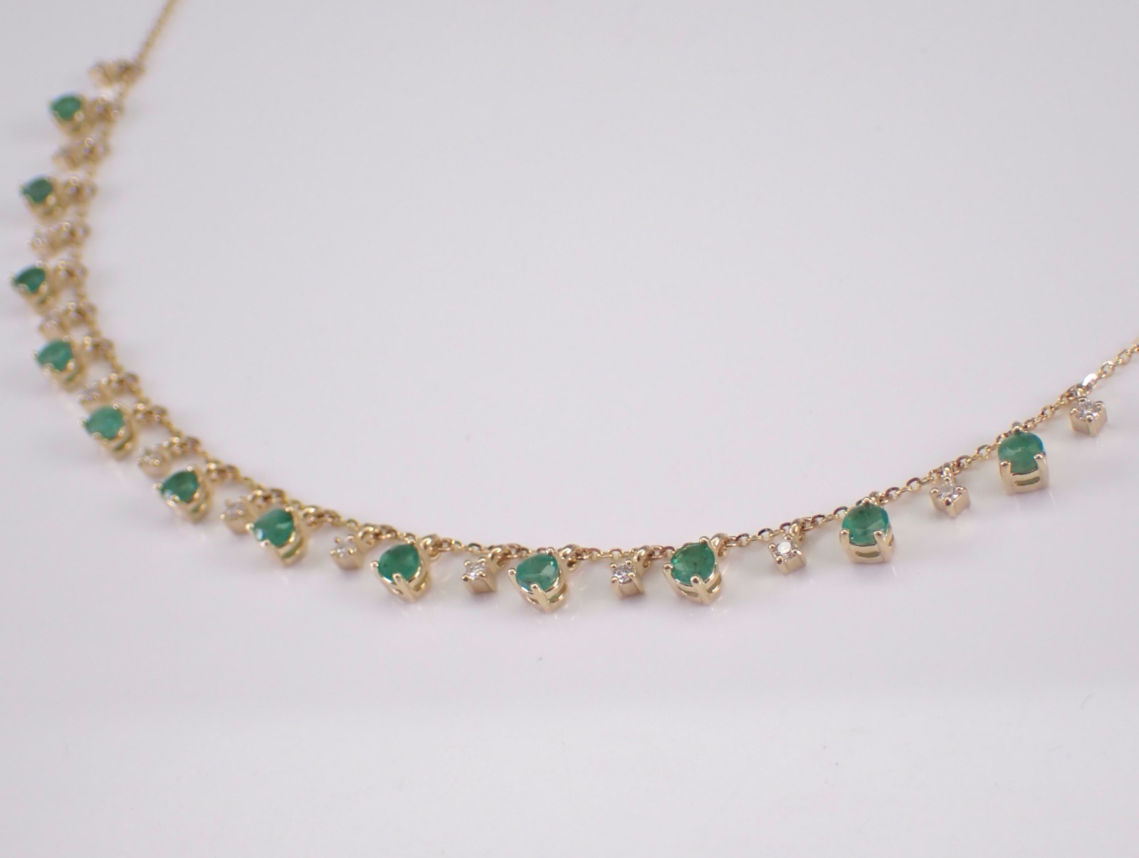 14K Yellow Gold Emerald Necklace – Diamond Dangle Station Pendant Chain
