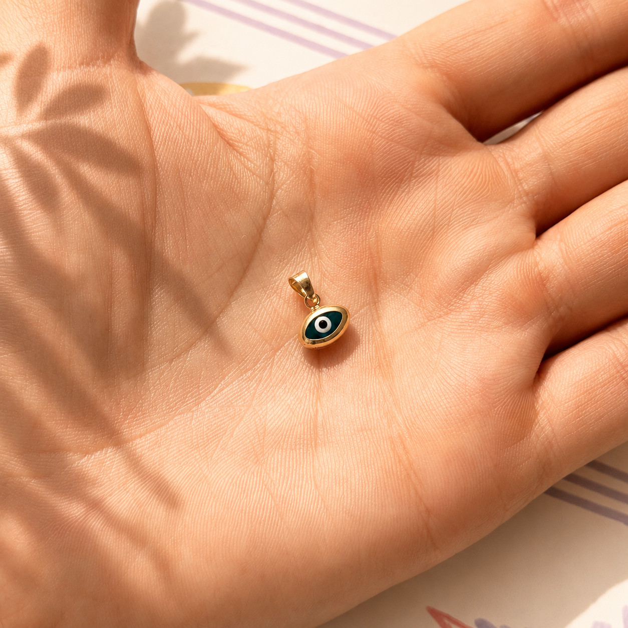 Real Solid 14K Yellow Gold Evil Eye Charm Pendant Blue Enamel Nazar Amulet, Gift
