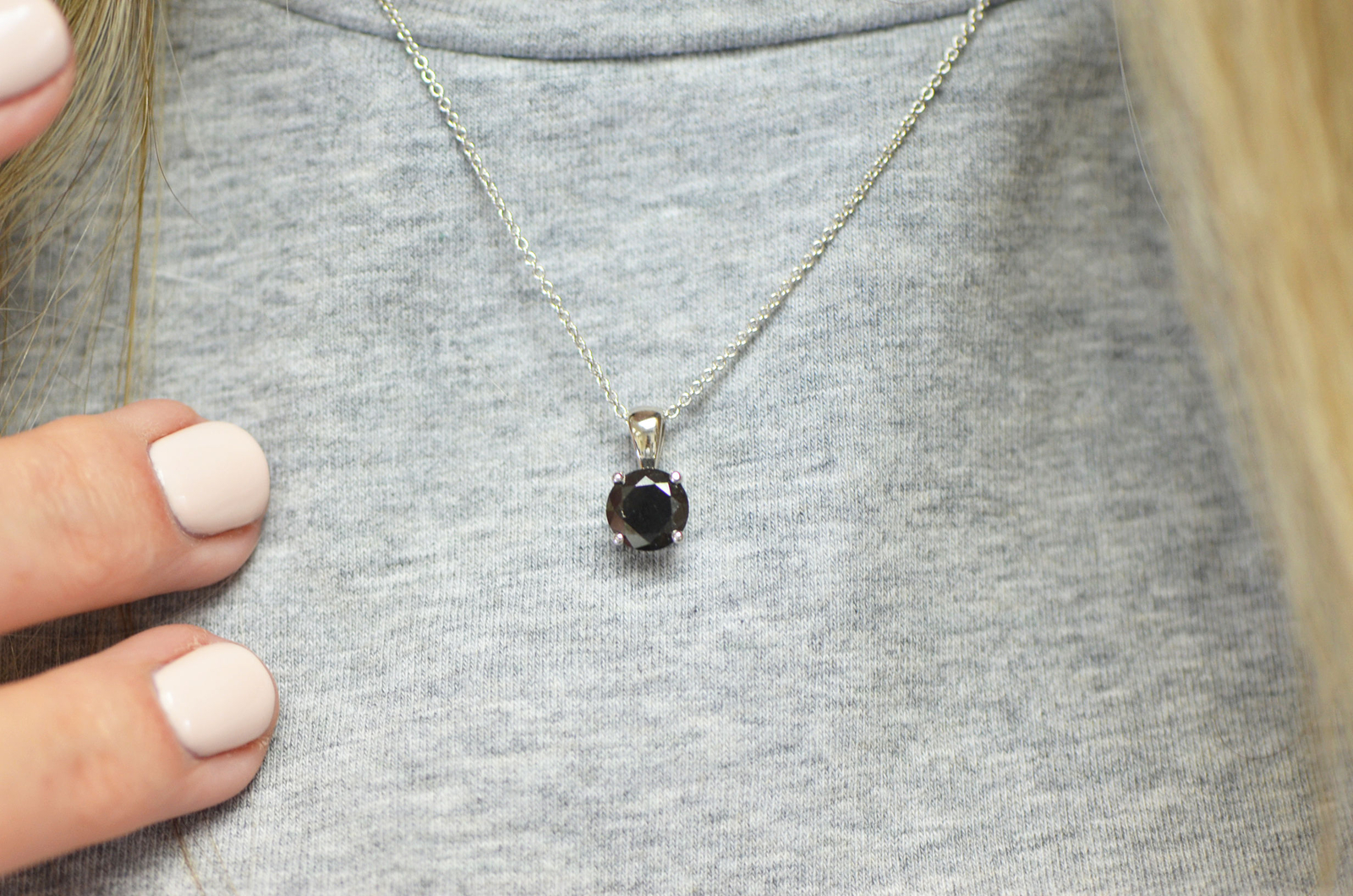 Black Diamond Solitaire Pendant Necklace Round IGI 14K White Gold 1.31 Carat
