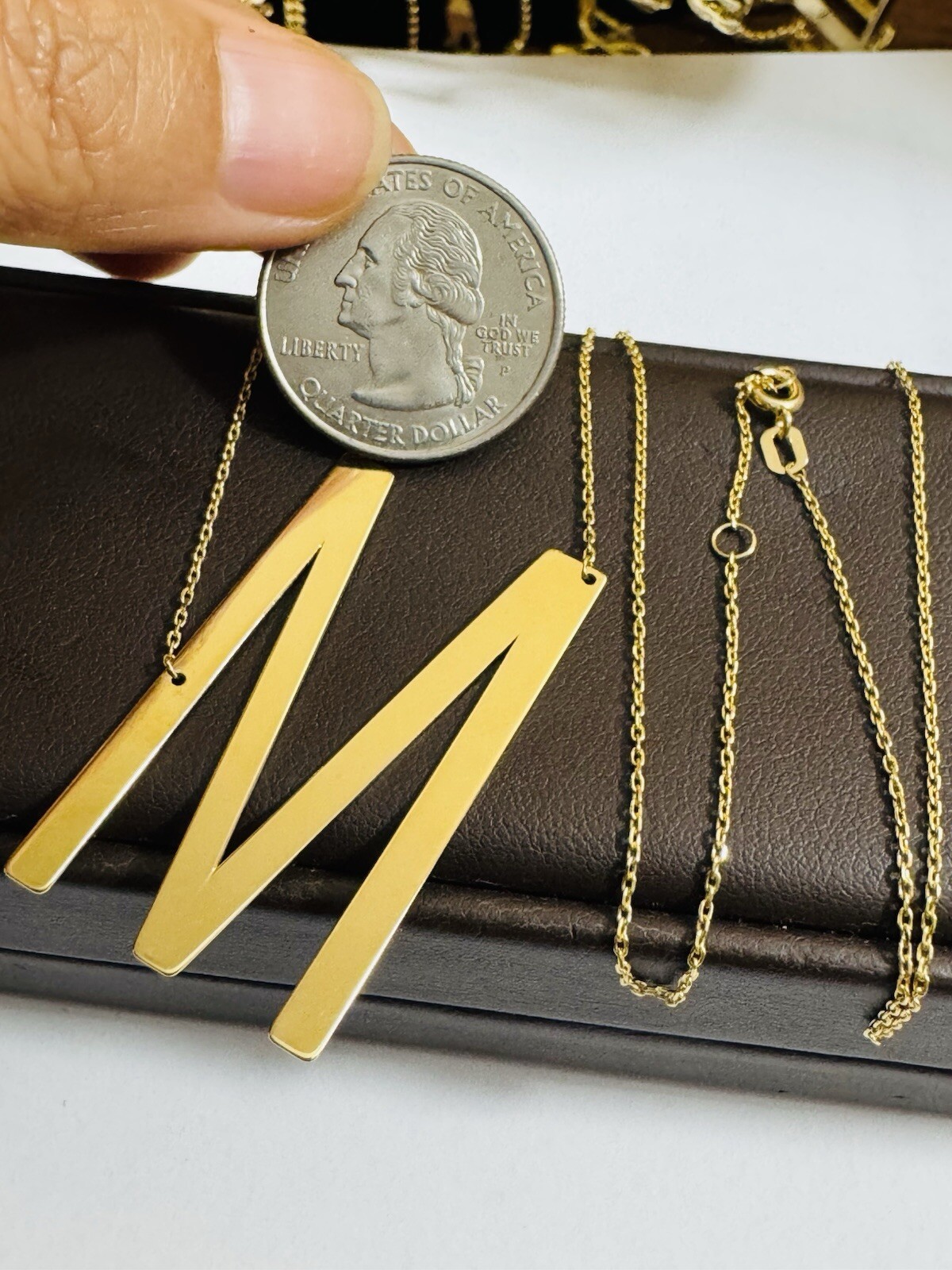 18K 750 Dubai Fine Gold Letter M initial Necklace 16.5/17.5” Long 1mm 5.2g