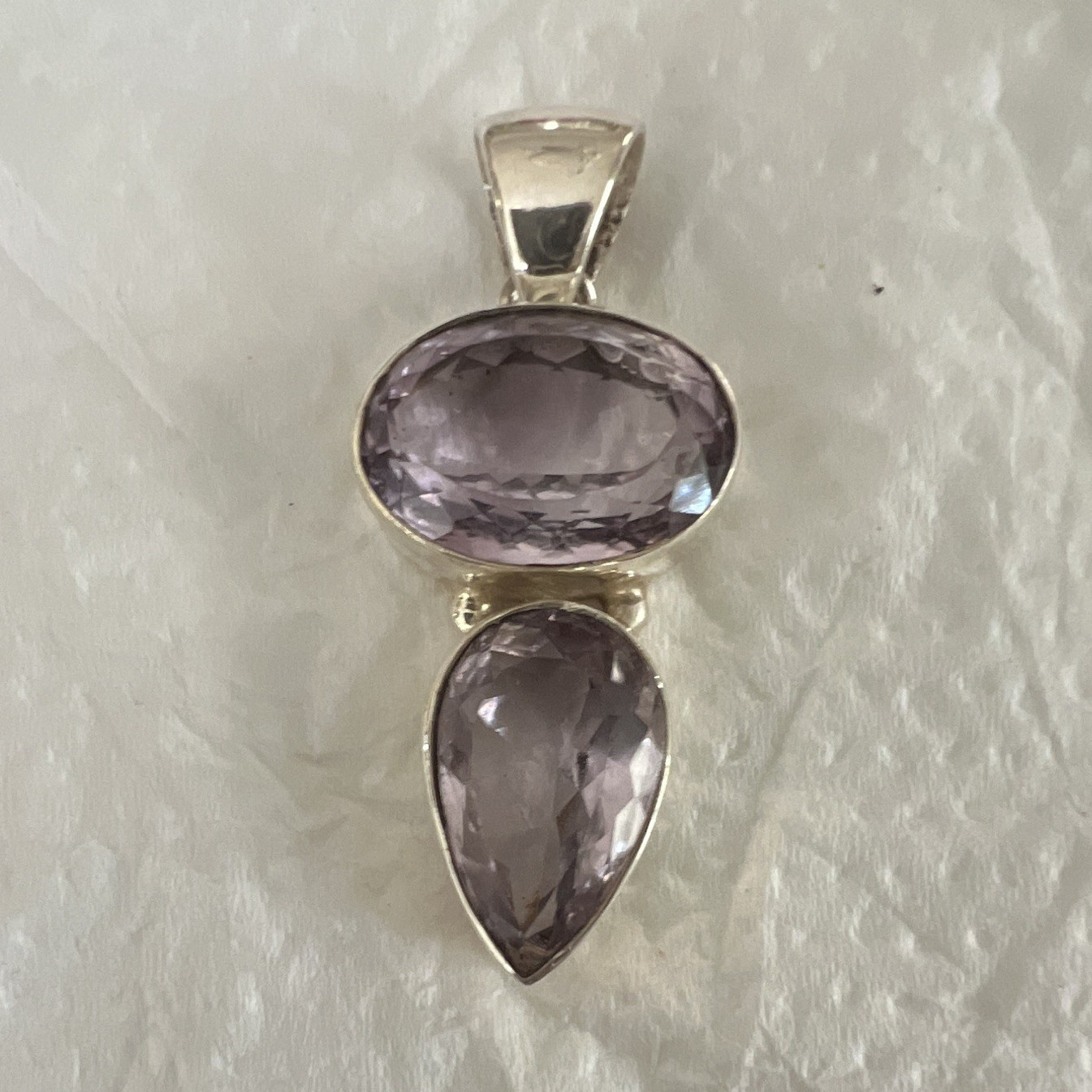 925 Sterling Silver Amethyst Double Stone Teardrop Pendant, Bezel Set, Signed