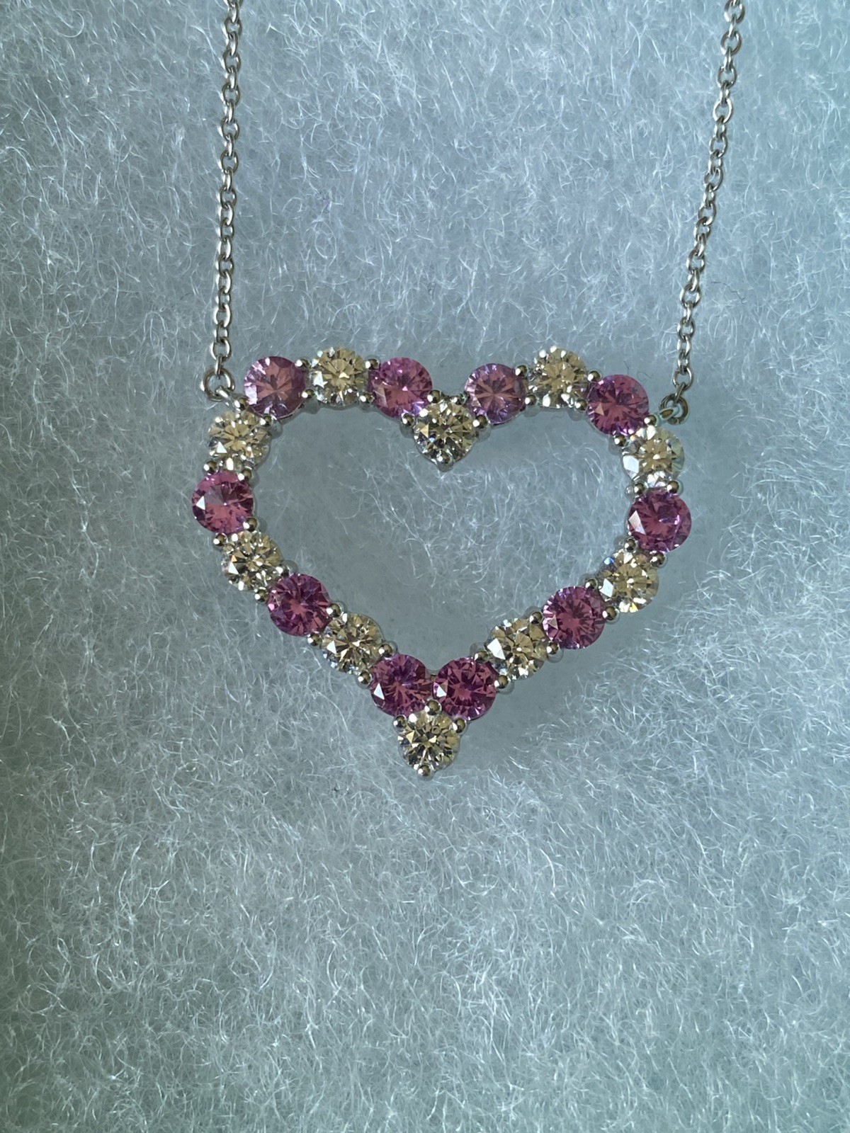 Tiffany & Co. – Platinum Diamond + Pink Sapphire Heart Pendant Necklace – Large