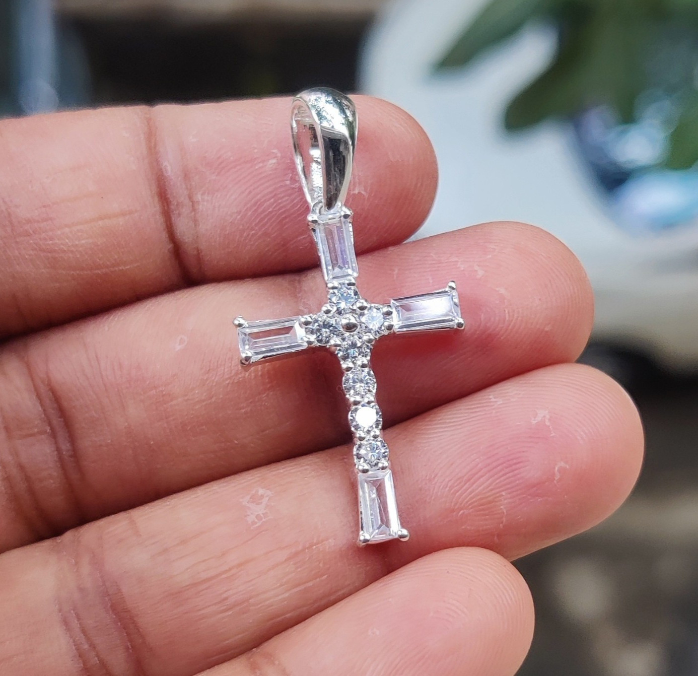 2Ct Bagutte Cut Natural Moissanite Cross Pendant 14K White Gold Plated Silver