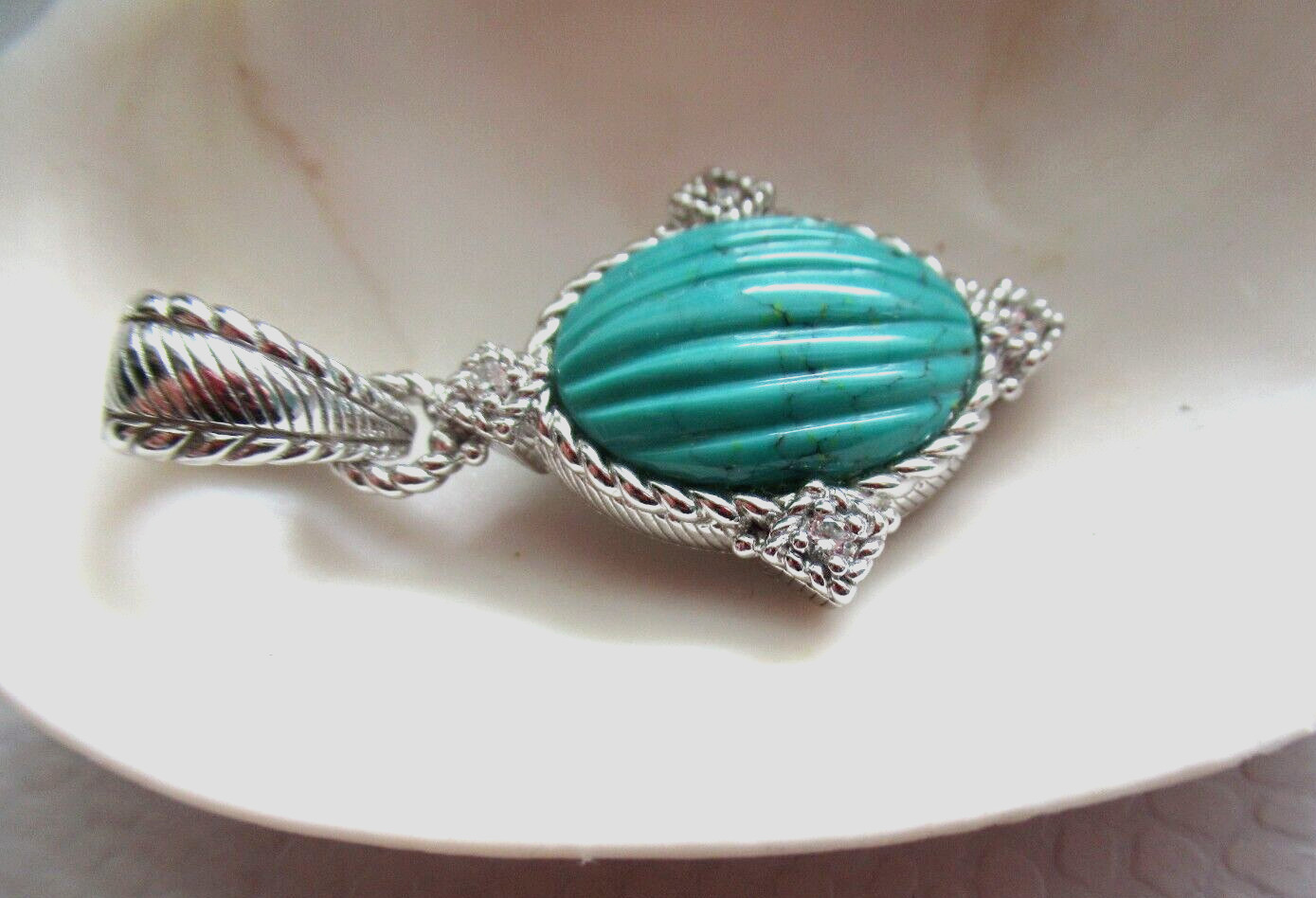 JUDITH RIPKA 925 SS CARVED TURQUOISE DIAMONIQUE CZ PENDANT ENHANCER GIFT BOX
