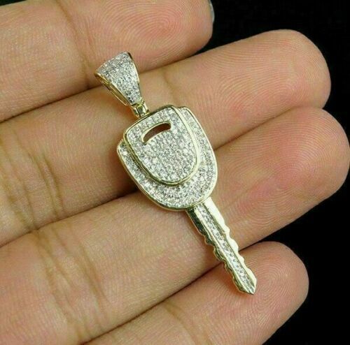 2Ct Round Cut VVS1/D Diamond Key Pendant Charm 14K Yellow Gold Over Free Chain