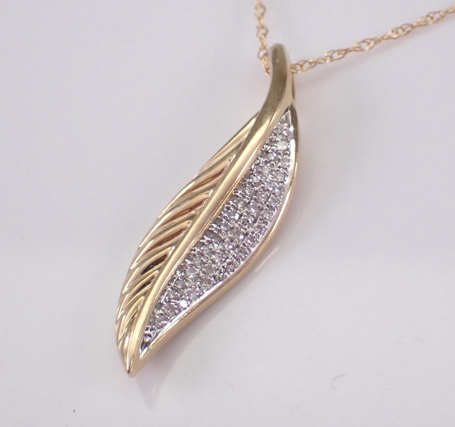 0.40 Ct Round Moissanite Feather Shape Pendant Necklace 14K Yellow Gold Plated