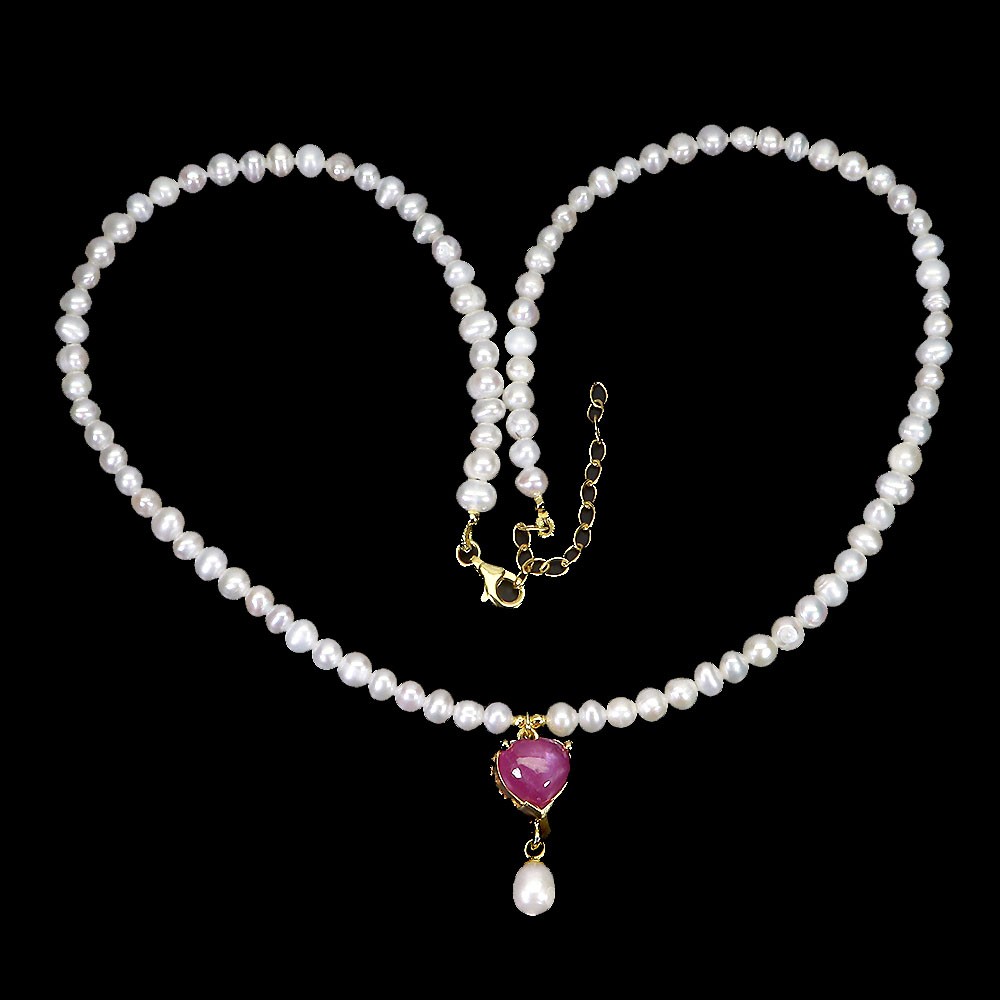 925 Sterling Silver Necklace Heart Ruby 9mm Natural Pearl Gemstone Jewelry 17.5