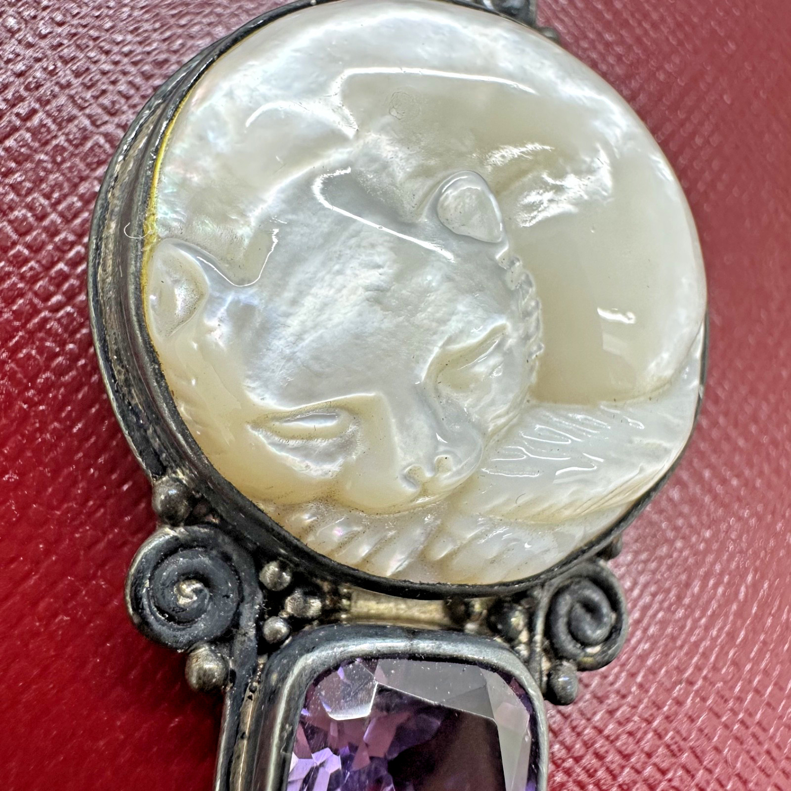 SAJEN STERLING SILVER CARVED MOP CAT AMETHYST & ROSE QUARTZ DANGLE PENDANT