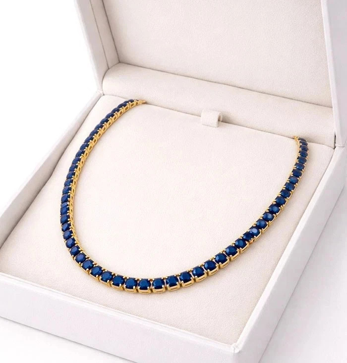 4MM Round Cut Lab Created Blue Sapphire Tennis necklace 14k Yellow Gold Plated