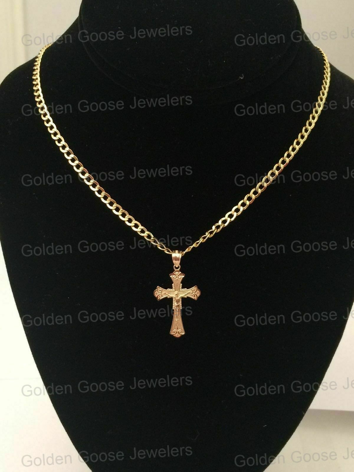 10k Yellow Gold Jesus Crucifix Cross Pendant Charm Cuban Link Chain 16″ – 24″