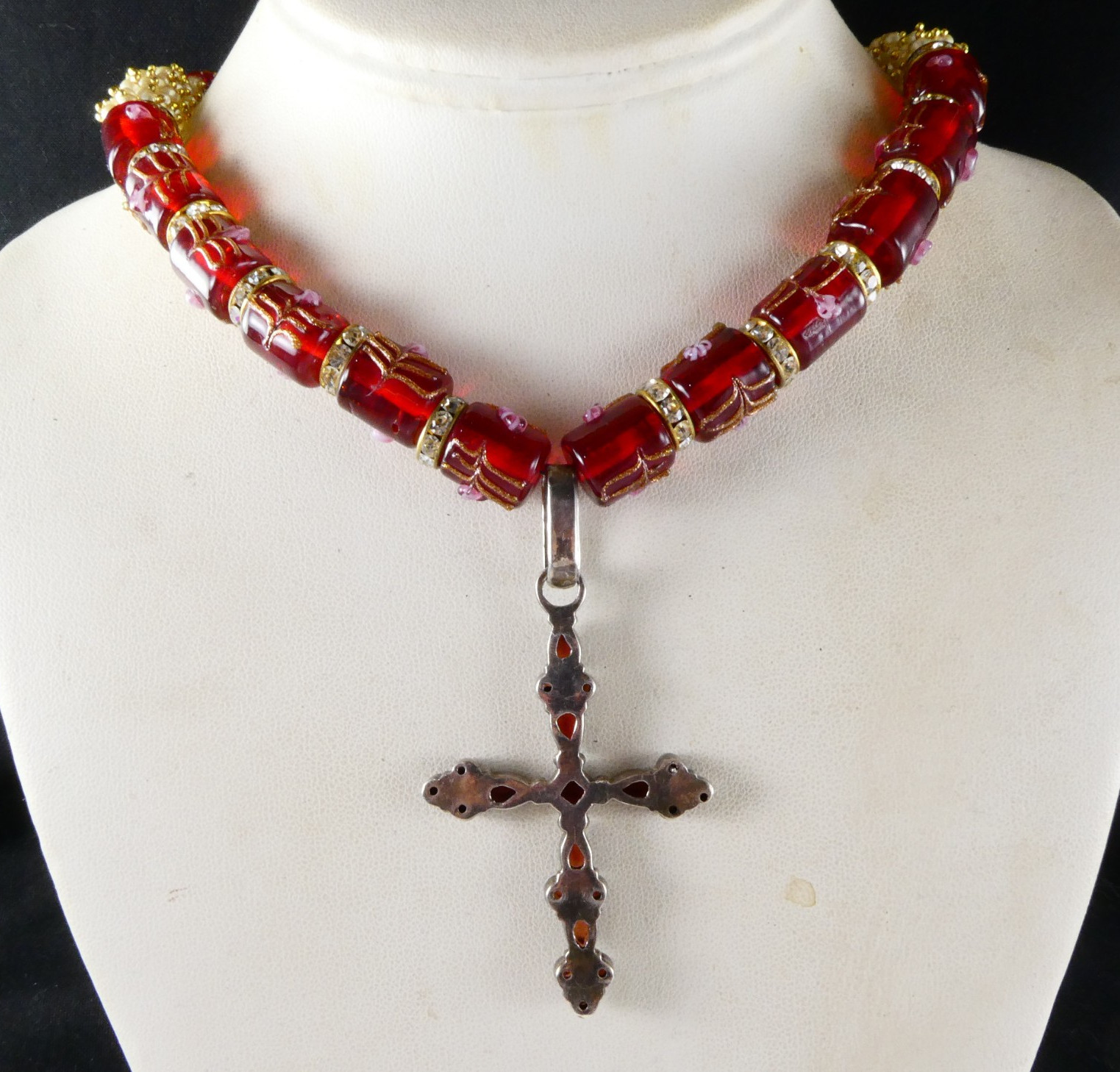 Sterling Silver Garnet Cross Pendant Necklace Red Glass Barrel Beads Crystals