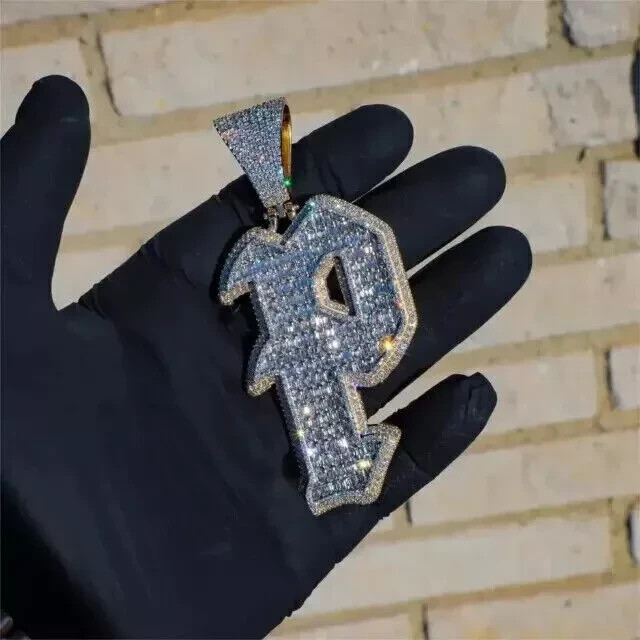 3.00 Ct Round Cut Real Moissanite Men’s Custom P Letter Pendant 925 Silver