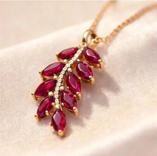 14k Yellow Gold Plated 2 Ct Marquise Cut Lab Created Ruby Stunning Leaf Pendant