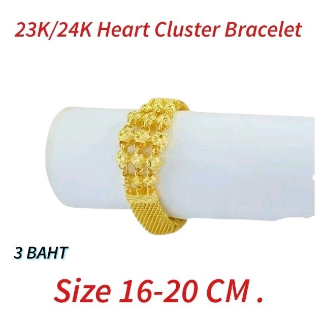 Thai Gold 24k Solid Bracelet Yellow Heart Pendant 3 Baht Jewelry Women 16-20cm.